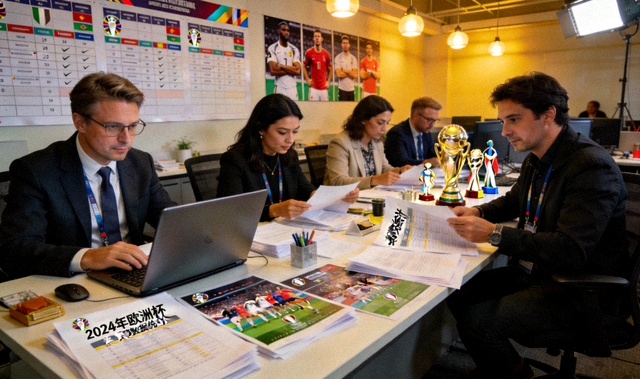 体育新闻编辑室中记者整理赛事资料的场景